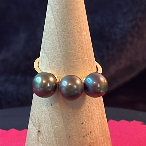 Peacock Pearl 3 Stone Ring 14kYG over 925 silver 9 - Picture 8 of 15